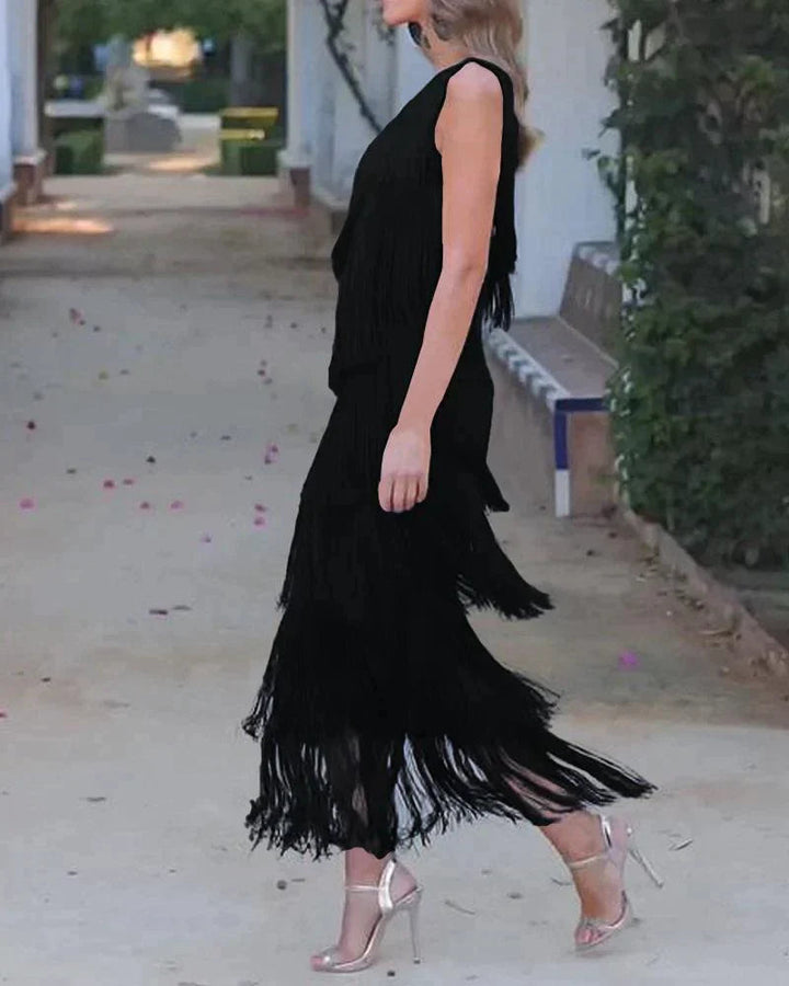 Marit | Elegante Franjejurk met Asymmetrische Schouder