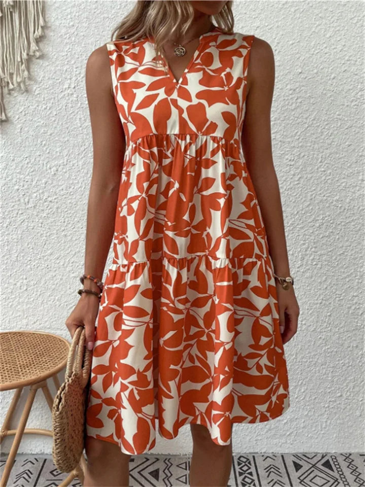 Edith | Elegante Mouwloze Jurk met Bladerprint