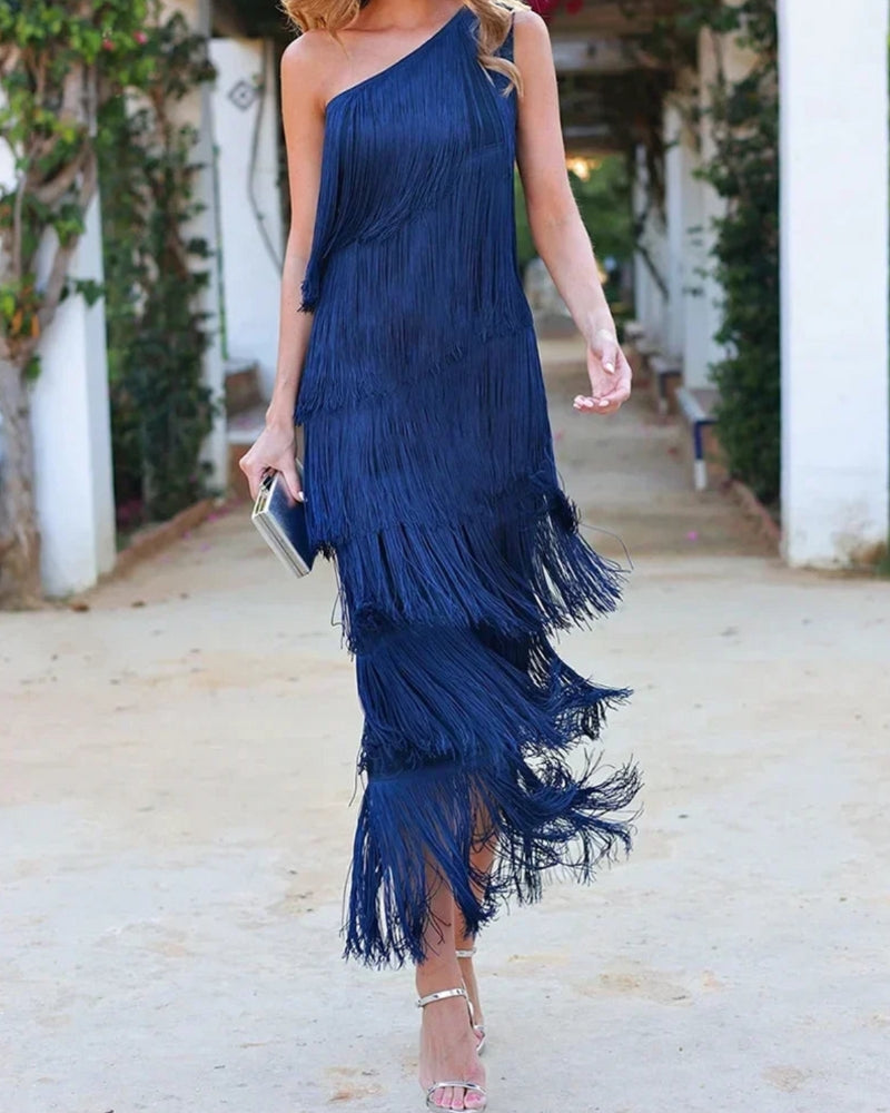 Marit | Elegante Franjejurk met Asymmetrische Schouder