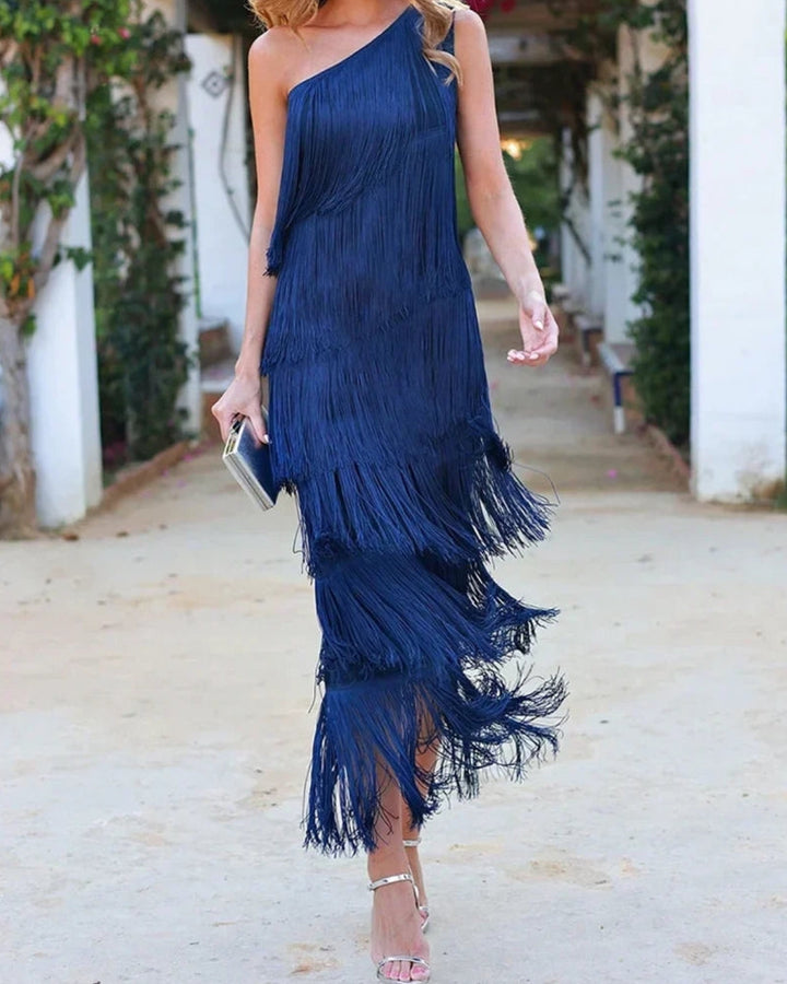 Marit | Elegante Franjejurk met Asymmetrische Schouder