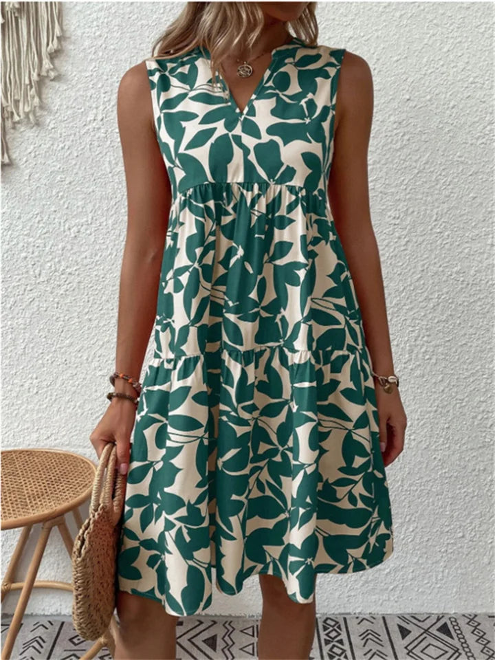 Edith | Elegante Mouwloze Jurk met Bladerprint