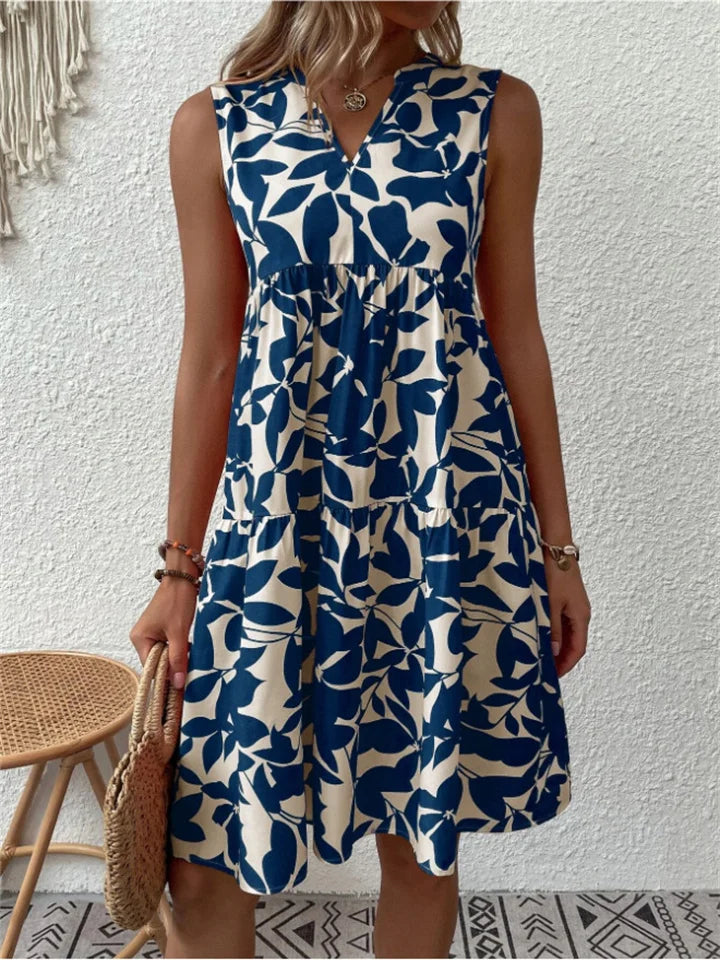 Edith | Elegante Mouwloze Jurk met Bladerprint
