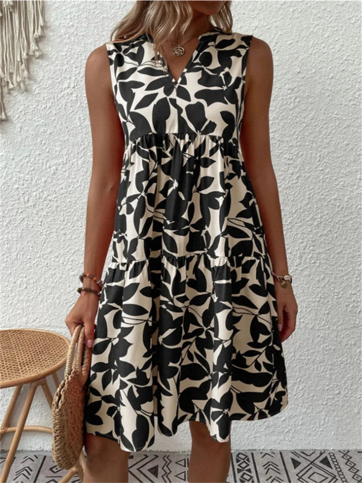 Edith | Elegante Mouwloze Jurk met Bladerprint