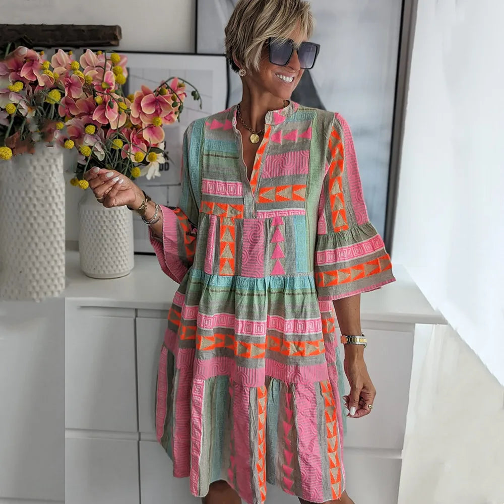 Astrid | Sierlijke Boho Jurk met Wijde Mouwen