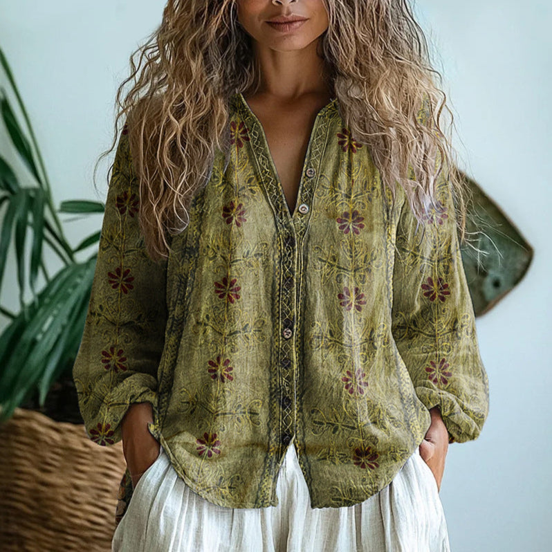 Brianna | Elegante Vintage Bladprint Blouse
