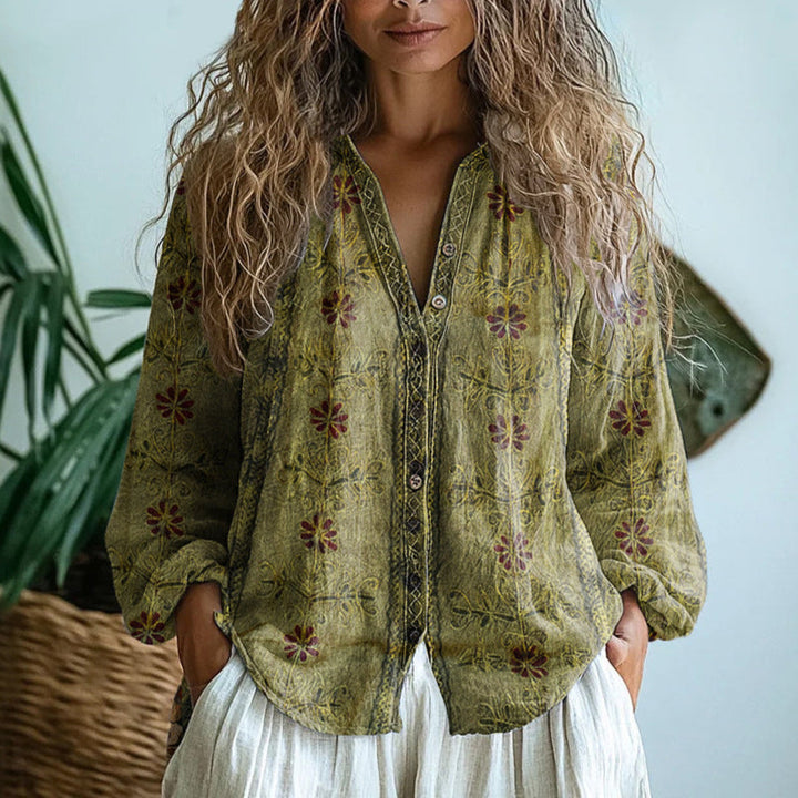 Brianna | Elegante Vintage Bladprint Blouse