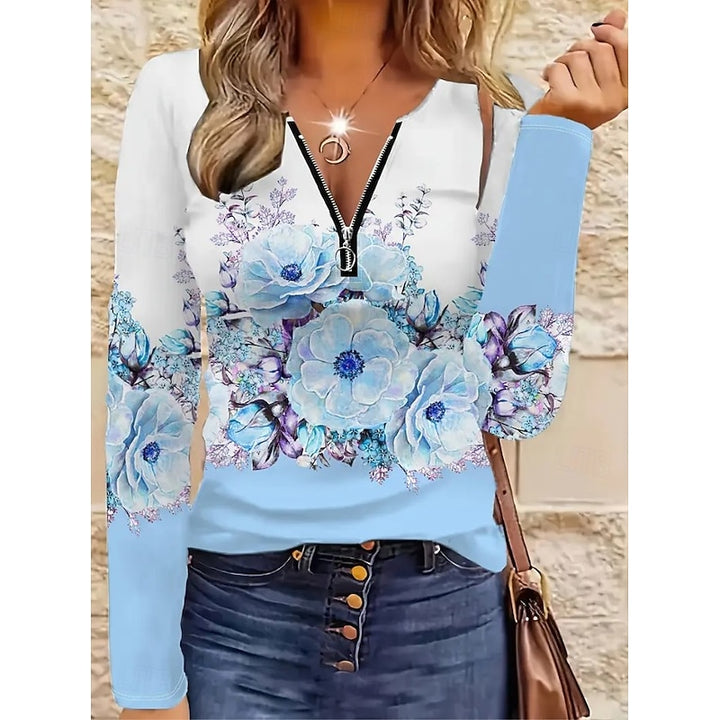 Aleida | Sierlijke Bloemenprint Top met Kwart Rits