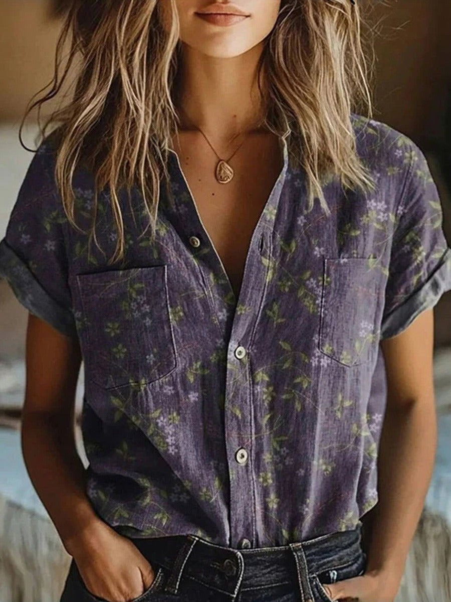 Annemarie | Bloemige Vintage Blouse met Korte Mouw