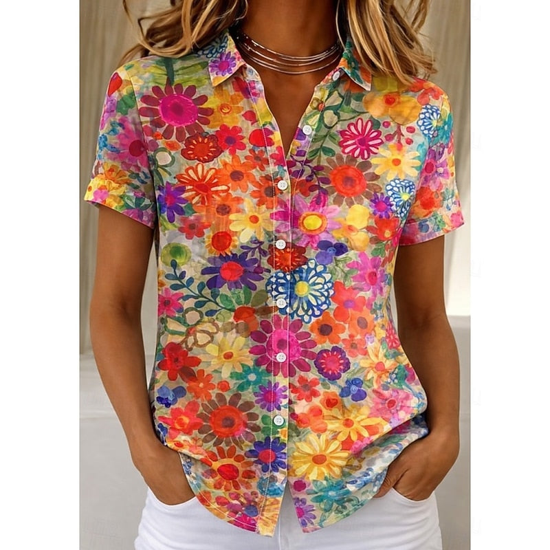 Lidewij | Bloemrijke Blouse met Korte Mouw