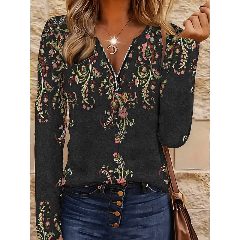 Aleida | Sierlijke Bloemenprint Top met Kwart Rits
