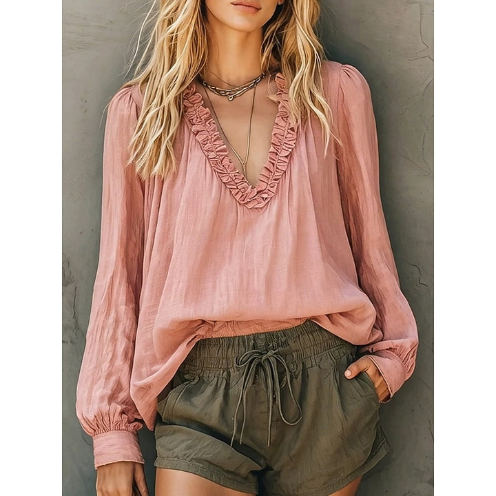 Gerdien | Verfijnde Blouse met Ruche V-Hals