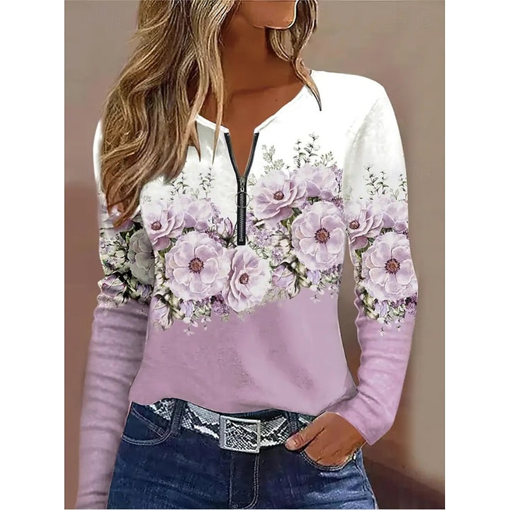 Aleida | Sierlijke Bloemenprint Top met Kwart Rits